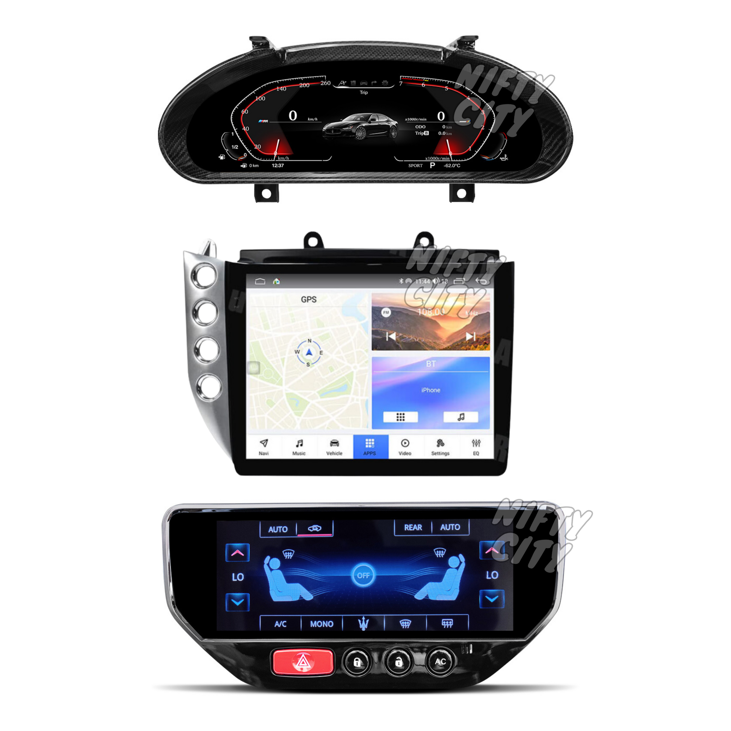 Maserati GT/GC 2007-2017 Fitout set (Digital Cluster & Screen & Digital AC Panel) - Nifty City