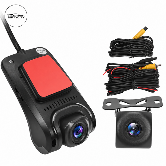 Front and rear DVR dash camera complete kit with Nifty City logo
