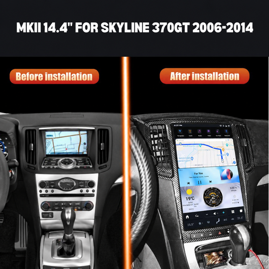 Skyline 370GT Tesla-style screen before and after installation